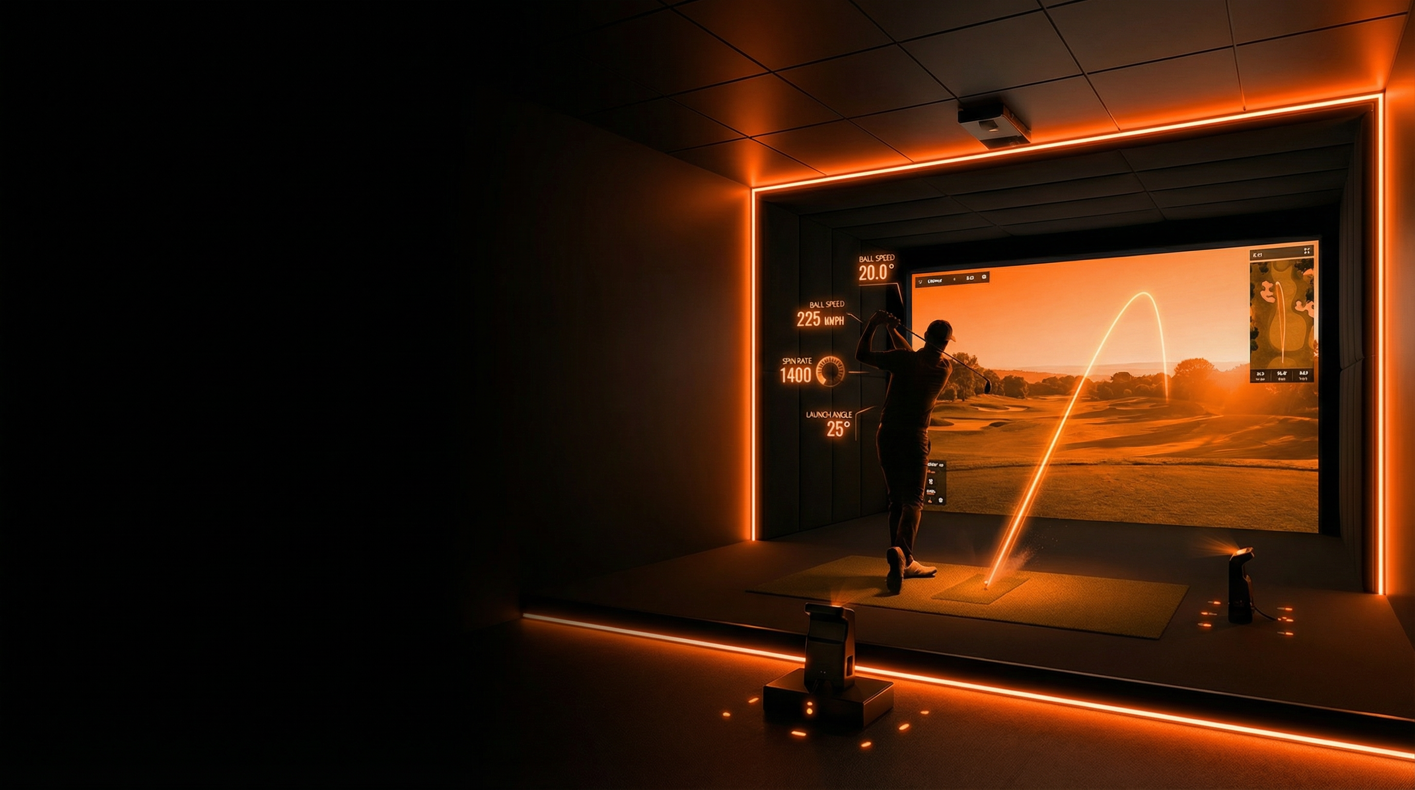 Simulator bay with TrackMan launch data overlay